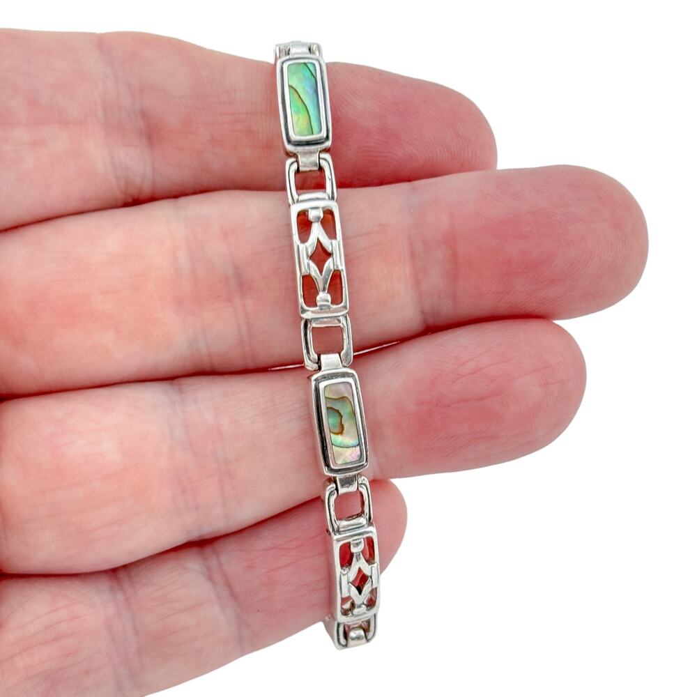 Vintage Sterling Silver 925 Abalone Inlay Link Bracelet 7"